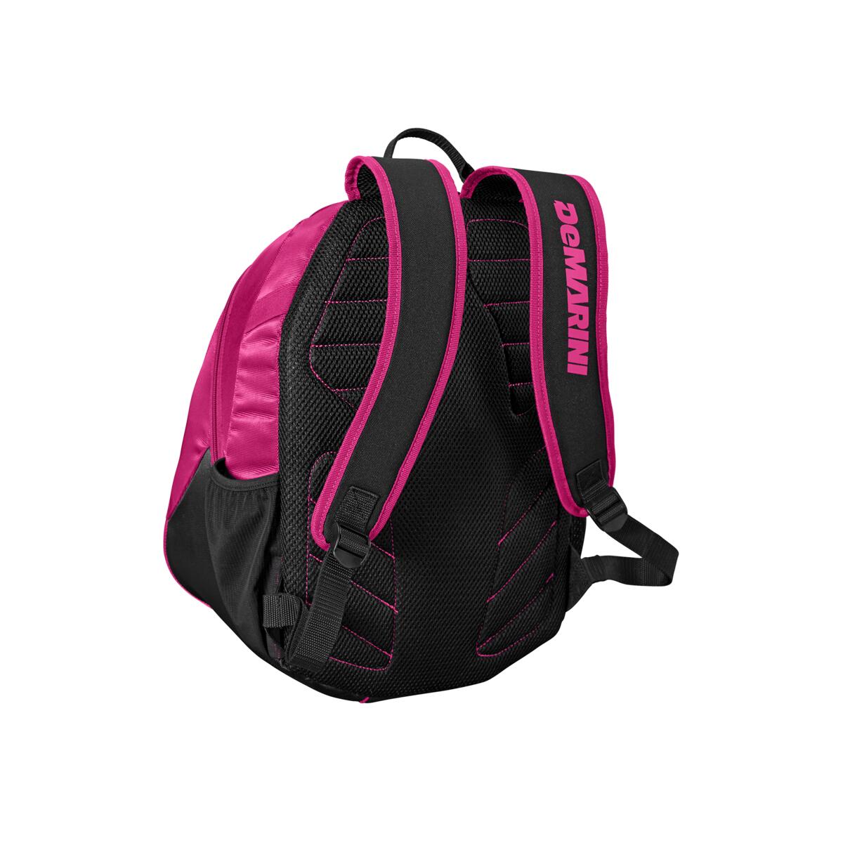 The DeMarini Voodoo Junior Backpack (WTD9106) is a pink and black youth baseball bag with padded shoulder straps and DeMarini branding in pink, shown from a rear side angle on a white background. Ideal for young players.