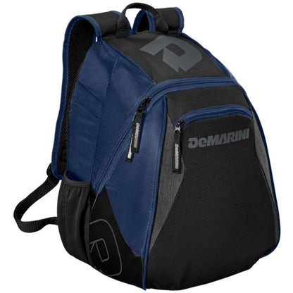 The DeMarini Voodoo Junior Backpack (WTD9106) in black and dark blue features multiple zippered compartments, a side pocket, top handle, padded adjustable shoulder straps, and displays the DeMarini logo and name on the front and side.