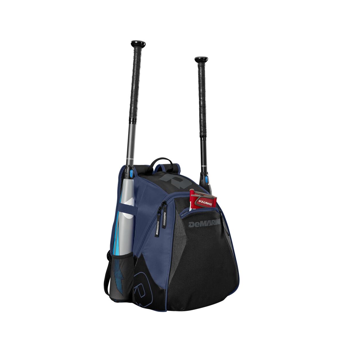 The DeMarini Voodoo Junior Backpack: WTD9106, shown in blue and black with two bats in side holders, a glove in the main compartment, and a zippered front pocket, is perfect as a youth baseball backpack.