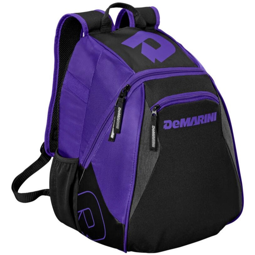 The DeMarini Voodoo Junior Backpack (WTD9106) is a black and purple youth baseball bag with multiple zippered compartments, padded shoulder straps, a side pocket, and a purple DeMarini logo.