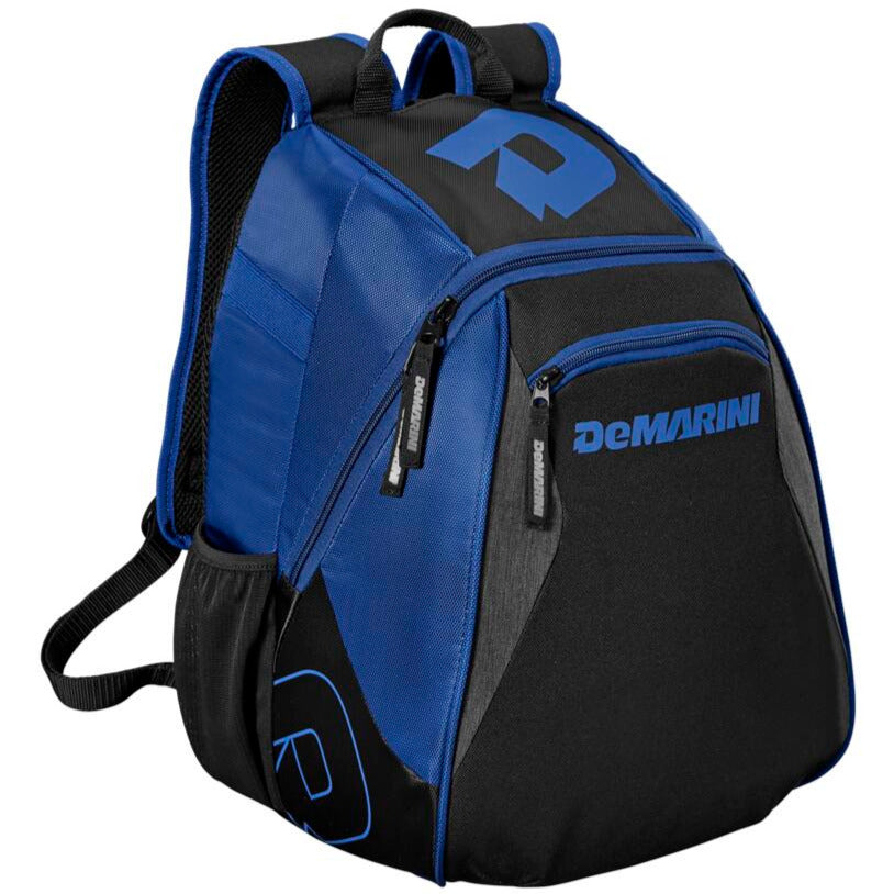 The DeMarini Voodoo Junior Backpack (WTD9106) by DeMarini is a blue and black youth baseball backpack, ideal for young athletes.