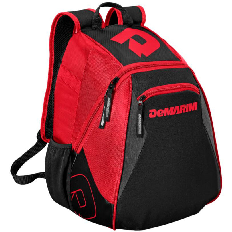 The DeMarini Voodoo Junior Backpack: WTD9106 features a sporty red and black design with multiple compartments, zippers, padded shoulder straps, and DeMarini logos on the front and side.