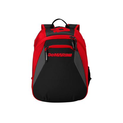 The DeMarini Voodoo Junior Backpack (WTD9106) features a sleek red and black design, zippered compartments, and the DeMarini logo on the front—ideal as a sporty youth baseball backpack.