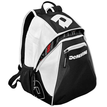 The DeMarini Voodoo Junior Backpack (WTD9106) in black and white features a front zip pocket, side compartments, a main compartment holding a bat, and displays the DeMarini logo prominently on the front and sides.