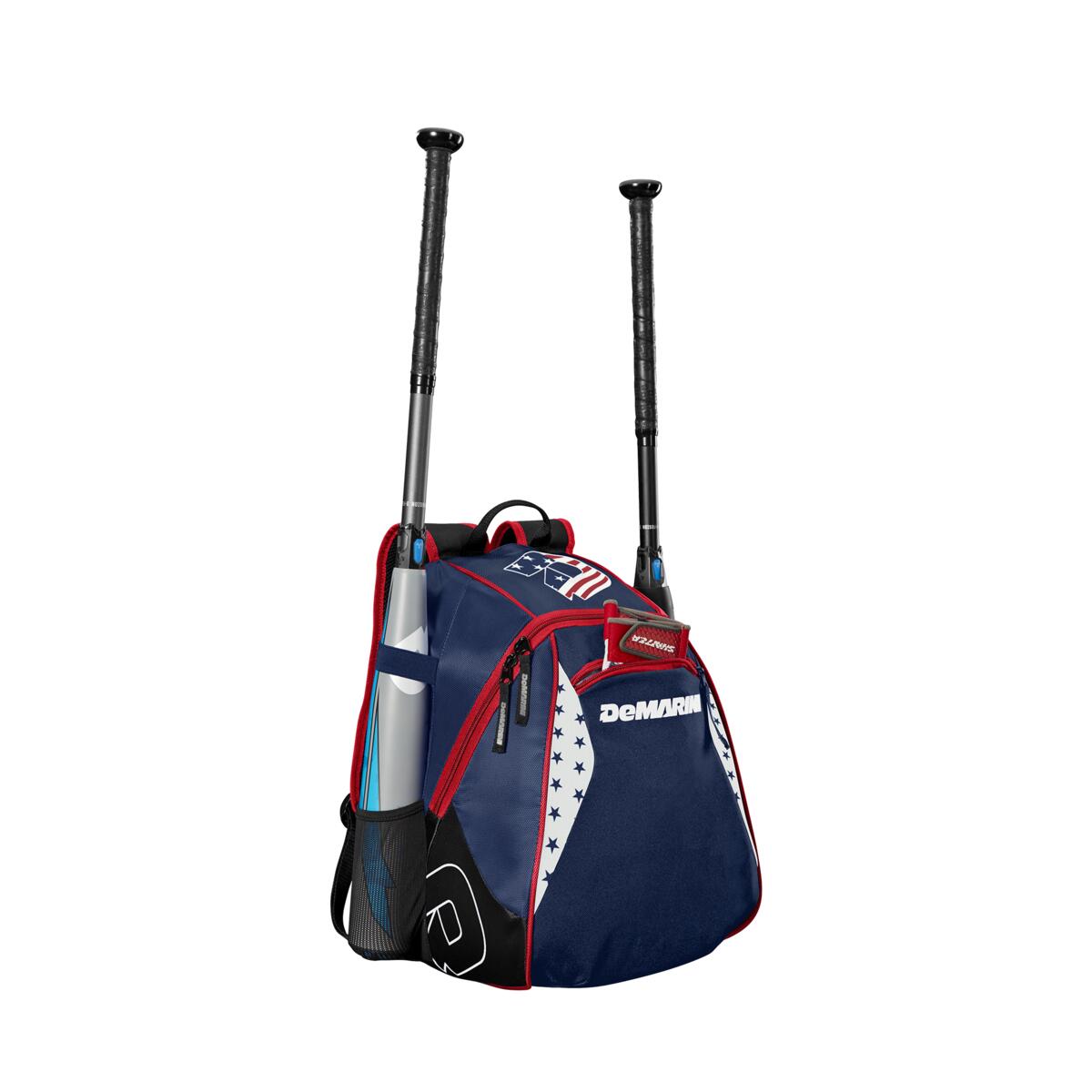 A DeMarini Voodoo Junior Backpack (WTD9106) in blue, red, and white features side sleeves for two bats, a main compartment with a helmet, and star accents along the edges, all displayed against a white background.