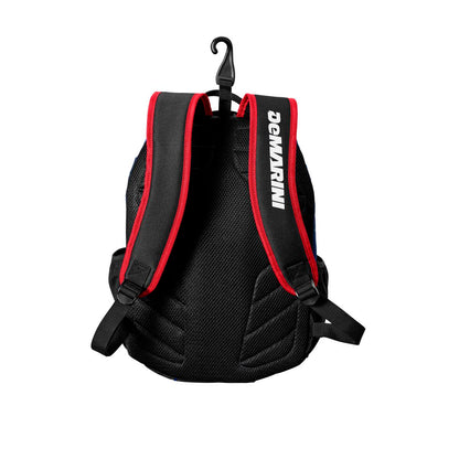 Back view of the DeMarini Voodoo Junior Backpack (WTD9106) in black, featuring red-trimmed padded shoulder straps, a white DeMarini logo on the left strap, and a top hook for hanging.