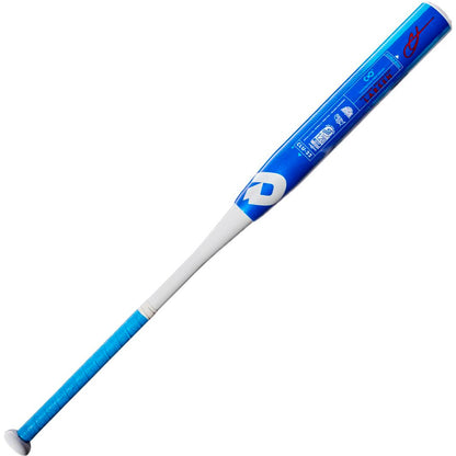 The 2022 DeMarini Chris Larsen Nautalai 12" Endload NSA/USSSA Slowpitch Softball Bat (WTDXCLU-22) features a blue and white design, textured grip, printed graphics, and a Continuous Fiber Composite Barrel. Displayed on a white background.