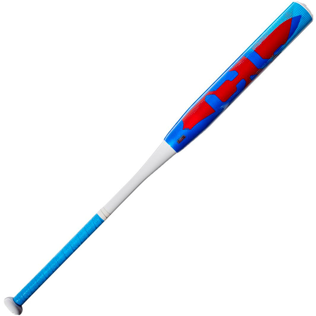 The 2022 DeMarini Chris Larsen Nautalai 12" Endload NSA/USSSA Slowpitch Softball Bat (WTDXCLU-22) is shown in blue and white with a blue grip, red barrel accents, and a Continuous Fiber Composite Barrel on a white background.
