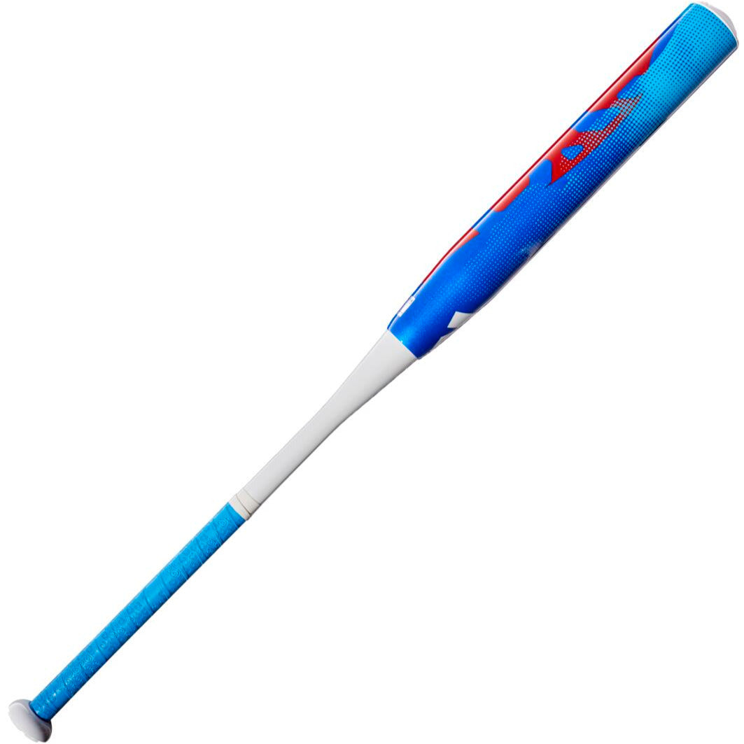 The 2022 DeMarini Chris Larsen Nautalai 12" Endload NSA/USSSA Slowpitch Softball Bat (WTDXCLU-22) features a blue handle, white grip, and a blue/red barrel with Continuous Fiber Composite for top style and performance.