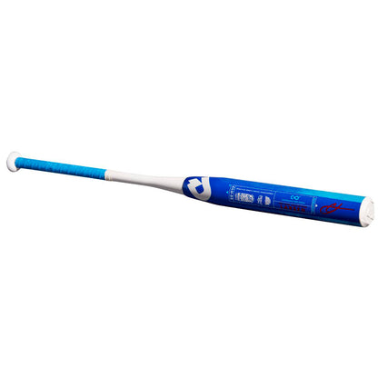 The 2022 DeMarini Chris Larsen Nautalai 12" Endload Slowpitch Bat (WTDXCLU-22) features blue and white design, a blue grip, white handle, and brand markings on the Continuous Fiber Composite Barrel.
