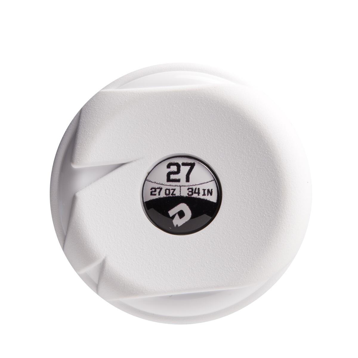 A white, textured circular object features a central label with "27," "27 OZ.," and "34 IN" in black, plus a stylized logo echoing the design of the 2022 DeMarini Chris Larsen Nautalai 12" Endload Slowpitch Softball Bat.