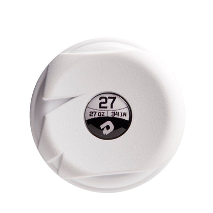 A white, textured circular object features a central label with "27," "27 OZ.," and "34 IN" in black, plus a stylized logo echoing the design of the 2022 DeMarini Chris Larsen Nautalai 12" Endload Slowpitch Softball Bat.