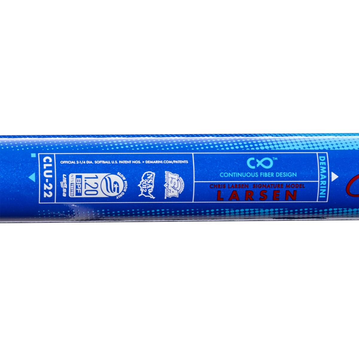 Close-up of the blue 2022 DeMarini Chris Larsen Nautalai 12" Endload NSA/USSSA Slowpitch Softball Bat (WTDXCLU-22), showing details like “Continuous Fiber Design,” “120 BPF,” and USSSA certification logos.