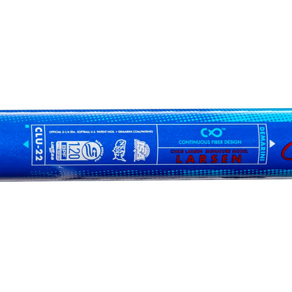 Close-up of the blue 2022 DeMarini Chris Larsen Nautalai 12" Endload NSA/USSSA Slowpitch Softball Bat (WTDXCLU-22), showing details like “Continuous Fiber Design,” “120 BPF,” and USSSA certification logos.