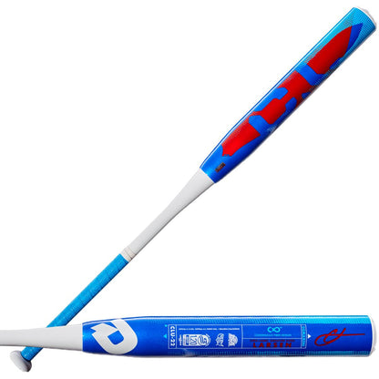 Two views of the 2022 DeMarini Chris Larsen Nautalai 12" Endload NSA / USSSA Slowpitch Bat, WTDXCLU-22, in blue and red with a white handle. The bat features bold red graphics on its Continuous Fiber Composite Barrel.