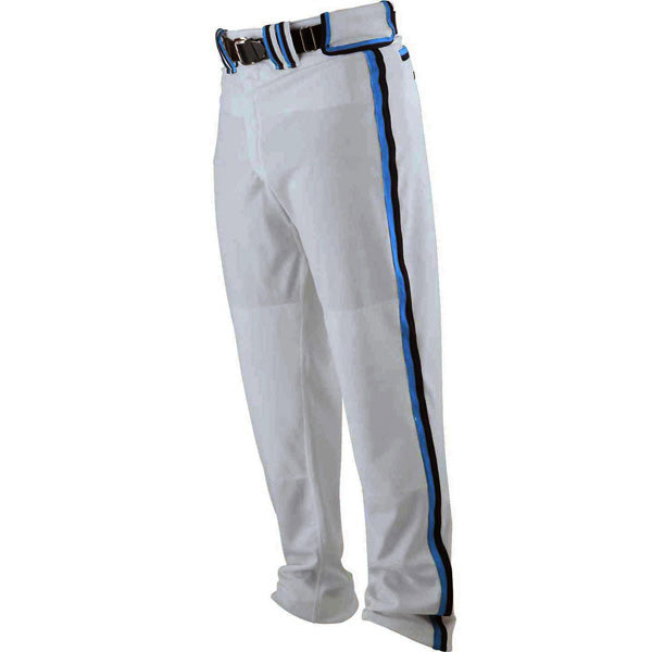 The Worth Adult Titan Baseball / Softball Pants (WTP) by Worth feature a black belt, vertical blue and black stripes on each leg, reinforced double knees for durability, and are shown on a plain white background.