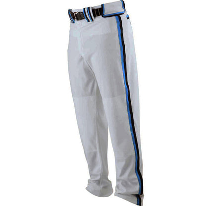 The Worth Adult Titan Baseball / Softball Pants (WTP) by Worth feature a black belt, vertical blue and black stripes on each leg, reinforced double knees for durability, and are shown on a plain white background.