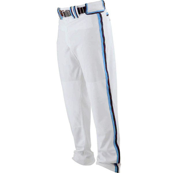 The Worth Adult Titan Baseball/Softball Pants (WTP) by Worth are white with blue, black, and red side stripes and reinforced double knees for added durability, shown on a white background.