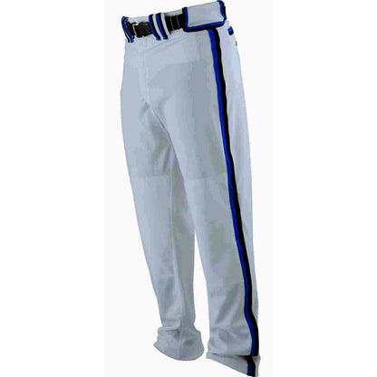 The Worth Adult Titan Baseball/Softball Pants (WTP) by Worth feature a black belt, blue-and-black stripe down each leg, and reinforced double knees for durability, shown on a white background.