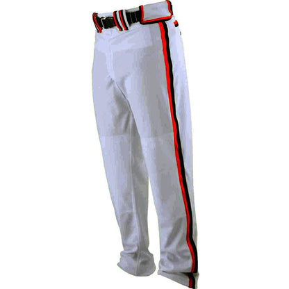 Worth Adult Titan Baseball/Softball Pants (WTP) by Worth feature a Ban-Rol waistband, black belt, red-and-black striped side piping, and reinforced double knees for durability. Shown on a white background.