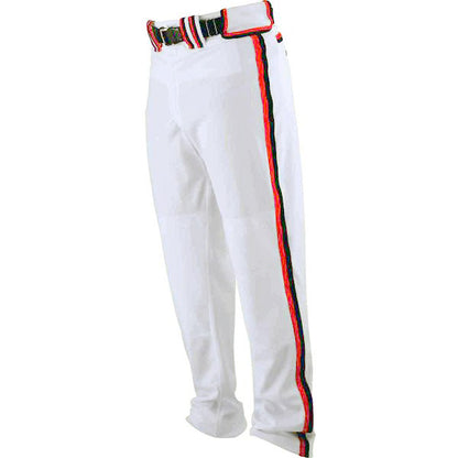 Worth Adult Titan Baseball/Softball Pants (WTP) by Worth: white pants with a multicolored side stripe and matching striped belt, featuring reinforced double knees and a classic athletic cut. Shown on a plain white background.