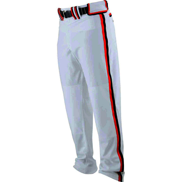 The Worth Adult Titan Baseball/Softball Pants (WTP) by Worth feature white fabric, a black belt, red and black leg stripes, reinforced double knees for durability, and are shown on a plain white background.