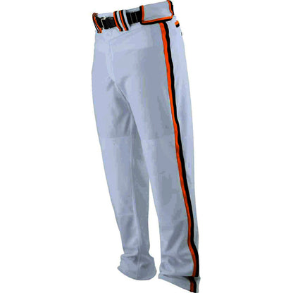 Worth Adult Titan Baseball / Softball Pants (WTP) by Worth shown on a mannequin feature a black belt, orange/black/white side stripes, and reinforced double knees for durability, displayed against a plain background.