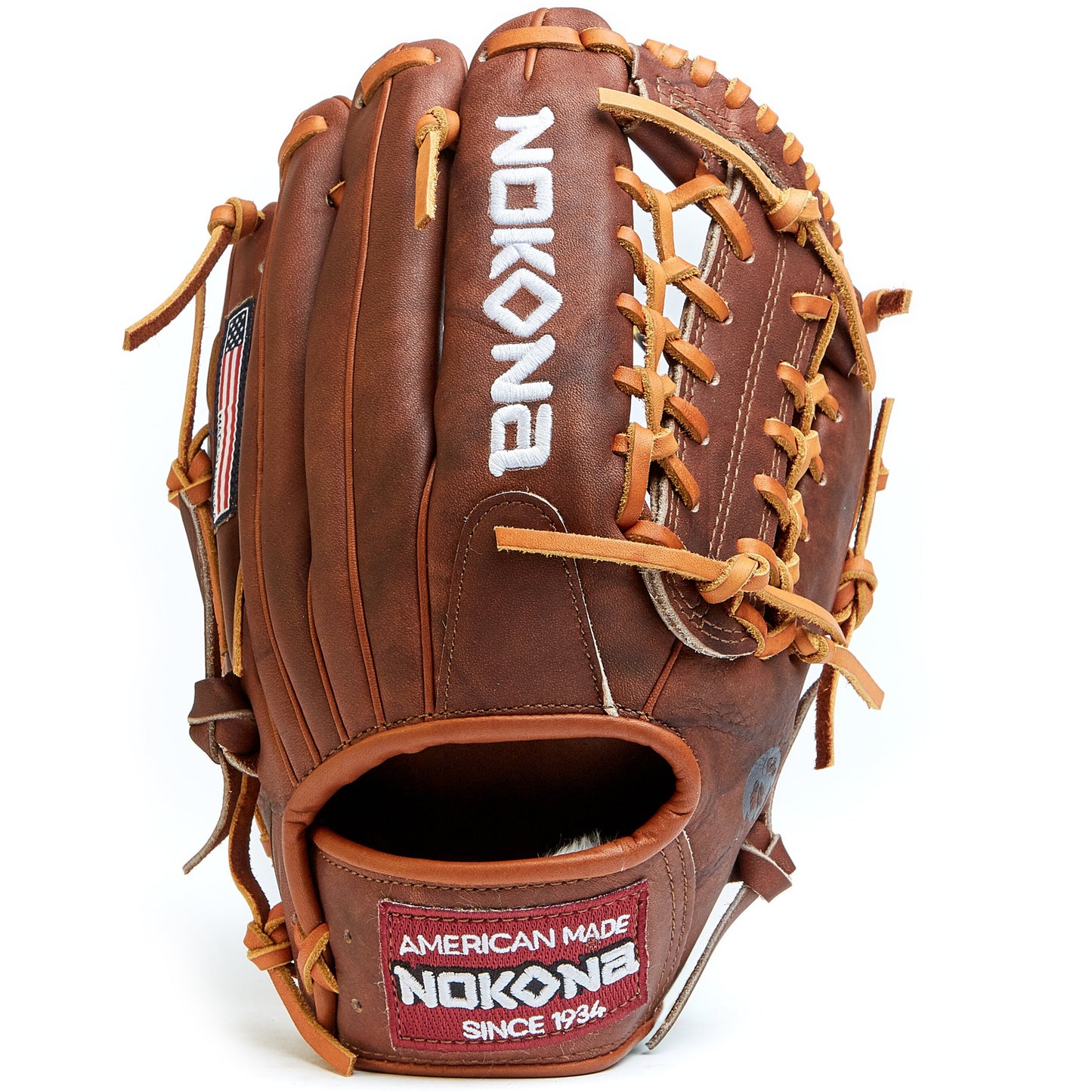 The Nokona Walnut 11.5" Baseball Glove: W-1150 features brown Walnut Crunch leather, tan laces, white stitching, an American Made patch on the wrist, and white Nokona embroidery—perfect for infield play.
