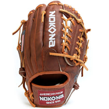The Nokona Walnut 11.5" Baseball Glove: W-1150 features brown Walnut Crunch leather, tan laces, white stitching, an American Made patch on the wrist, and white Nokona embroidery—perfect for infield play.