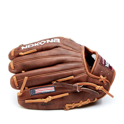 The Nokona Walnut 11.5" Baseball Glove (W-1150) features brown Walnut Crunch leather, tan laces, NOKONA branding on the back, an American flag patch, and "11.5 INCH" by the thumb. Shown closed against a white background.