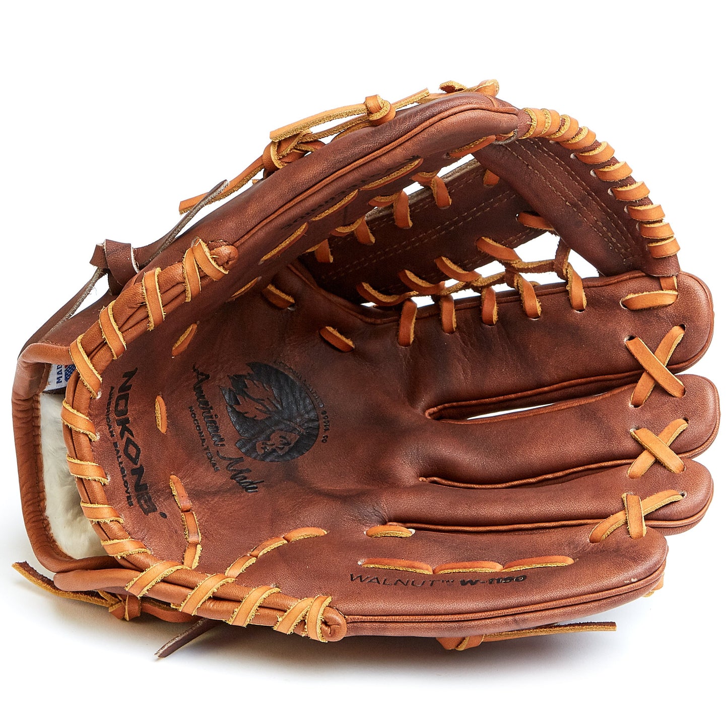 The Nokona Walnut 11.5" Baseball Glove: W-1150 features brown Walnut Crunch leather with tan laces, visible stitching, and branding on the palm. Open to show the interior pocket and finger slots, this Nokona glove is ideal for infield performance.