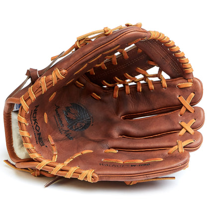 The Nokona Walnut 11.5" Baseball Glove: W-1150 features brown Walnut Crunch leather with tan laces, visible stitching, and branding on the palm. Open to show the interior pocket and finger slots, this Nokona glove is ideal for infield performance.