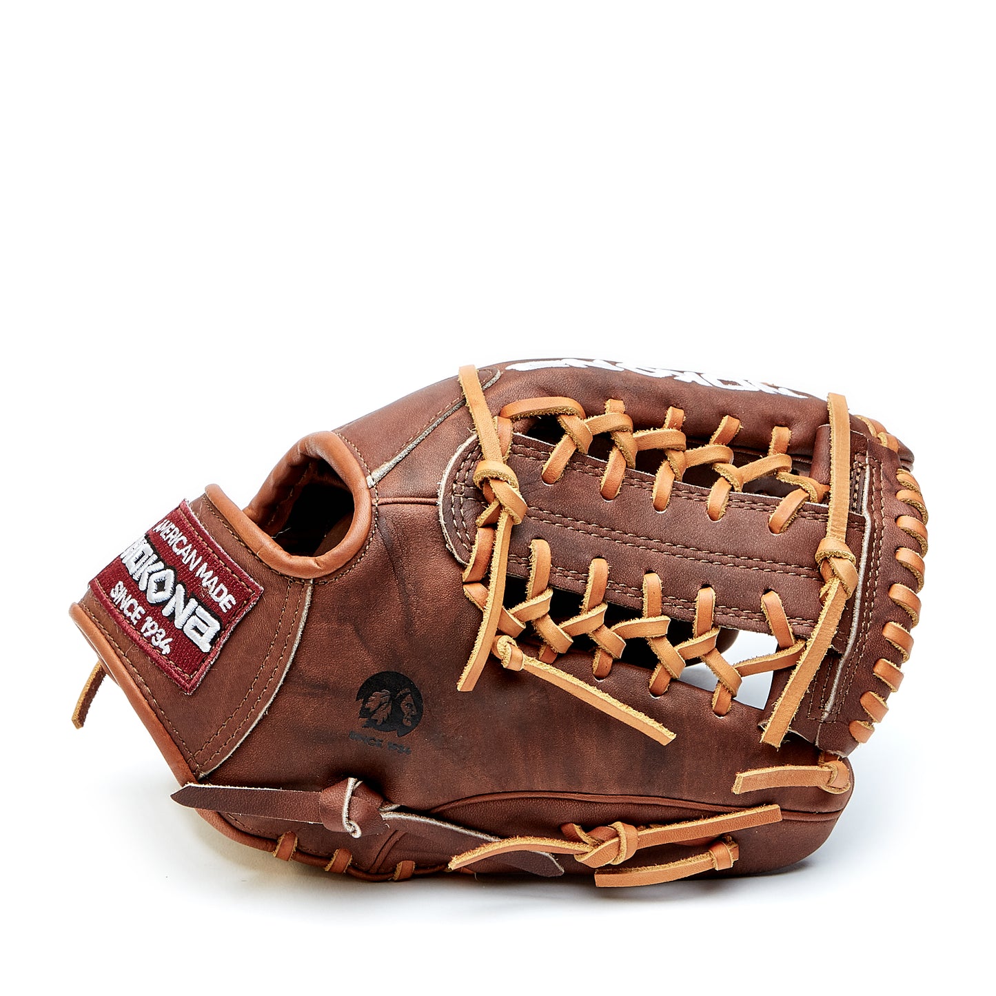 The Nokona Walnut 11.5" Baseball Glove (W-1150) features premium Walnut Crunch leather, tan laces, and a red patch with white text on the wrist. This Nokona infield glove is shown palm down against a white background.