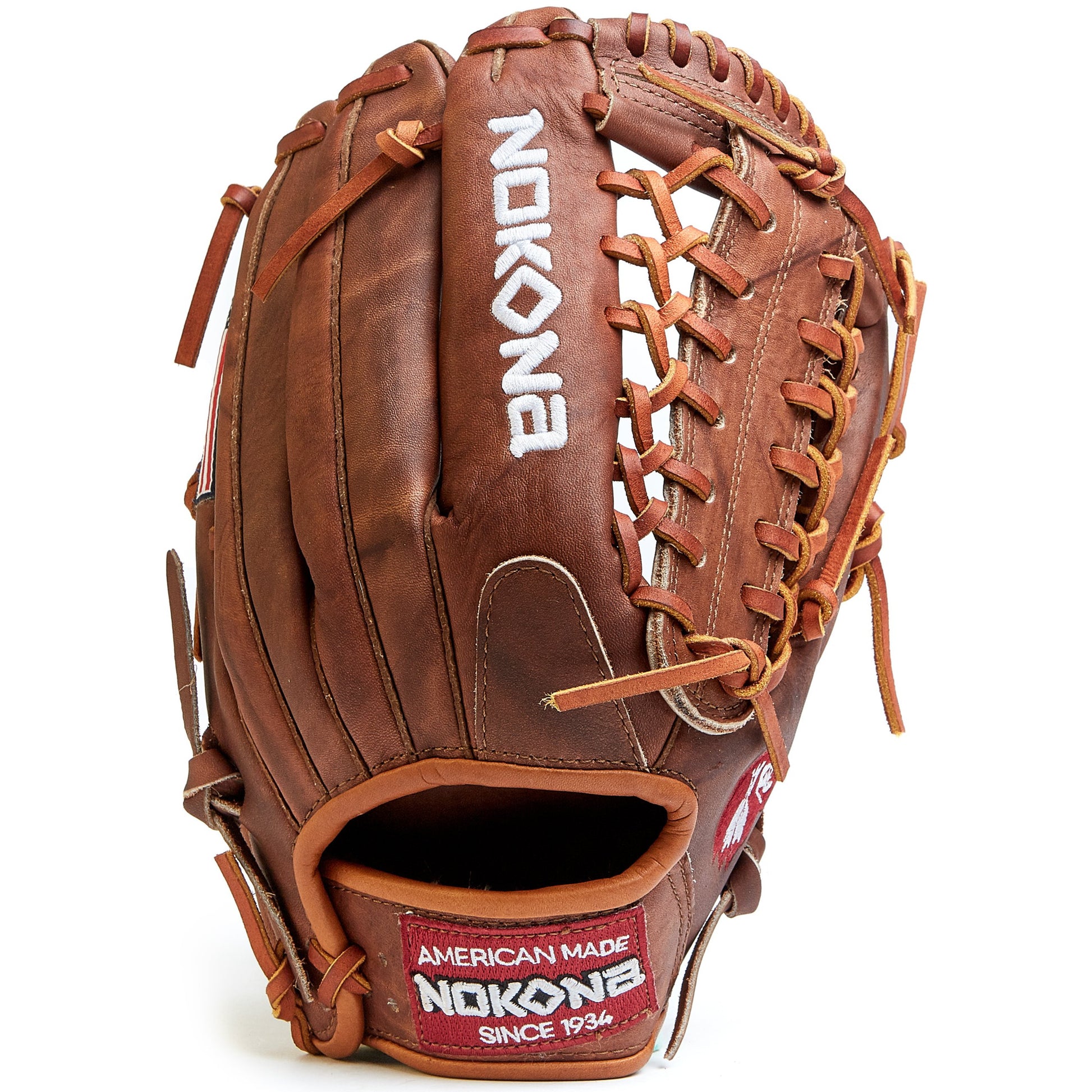 The Nokona Walnut 12.75" Baseball Glove: W-1275 features durable Walnut Crunch leather, tan laces, visible stitching, and "Nokona" embroidered in white with a red American Made patch—highlighting Nokona's handcrafted glove excellence.