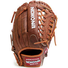 The Nokona Walnut 12.75" Baseball Glove: W-1275 features durable Walnut Crunch leather, tan laces, visible stitching, and "Nokona" embroidered in white with a red American Made patch—highlighting Nokona's handcrafted glove excellence.