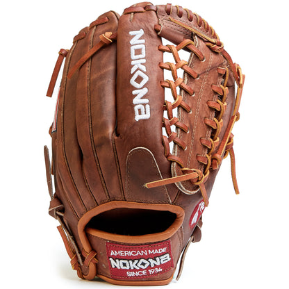 The Nokona Walnut 12.75" Baseball Glove: W-1275 features durable Walnut Crunch leather, tan laces, visible stitching, and "Nokona" embroidered in white with a red American Made patch—highlighting Nokona's handcrafted glove excellence.