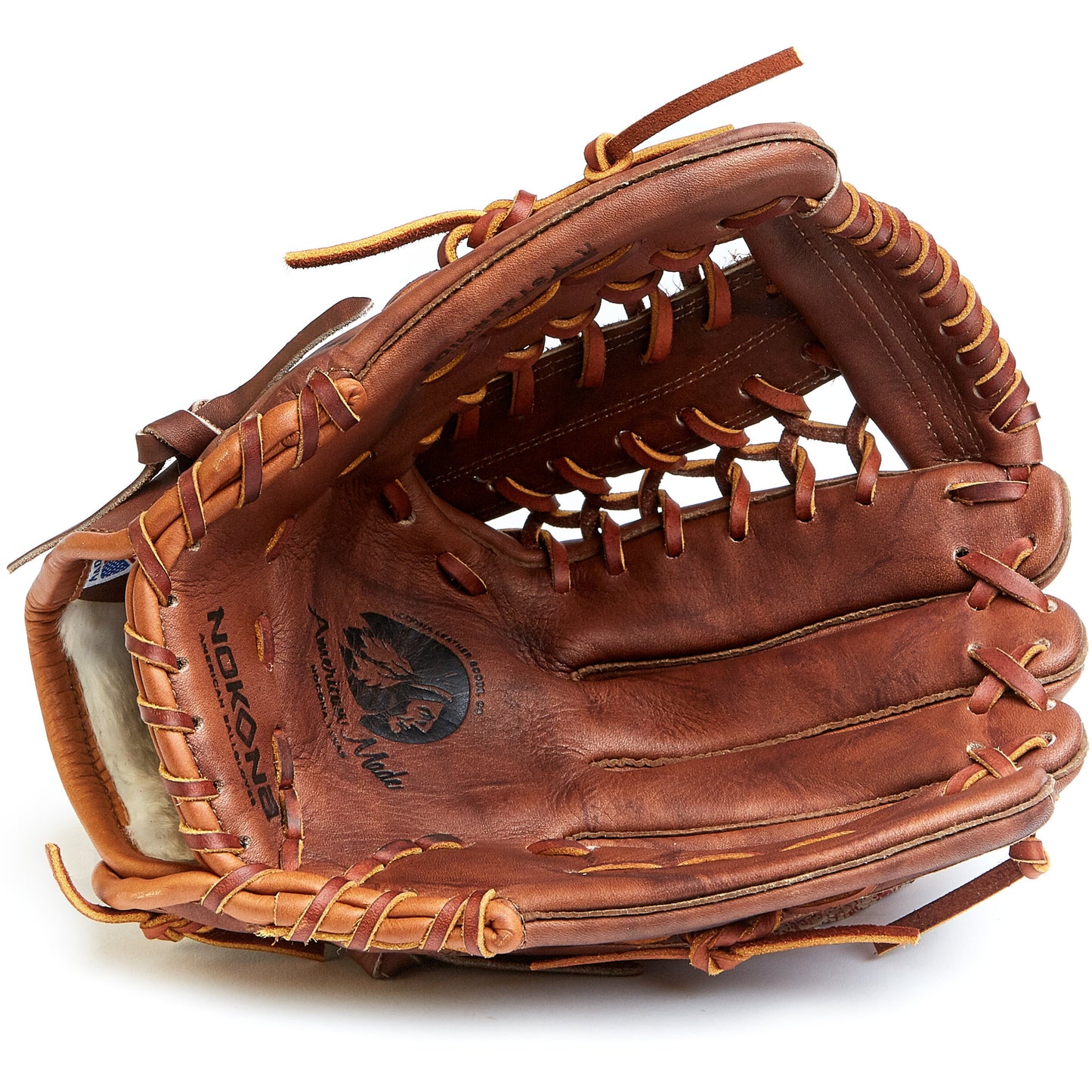 The Nokona Walnut 12.75" Baseball Glove (W-1275) features brown Walnut Crunch leather, prominent stitching and lacing, and an open palm displaying the Nokona brand logo and inner details.