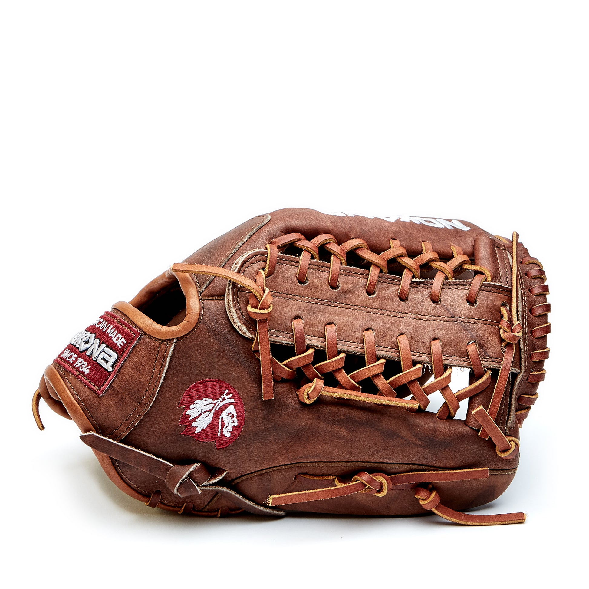 The Nokona Walnut 12.75" Baseball Glove: W-1275 features brown Walnut Crunch leather, tan laces, a red and white embroidered Native American head logo, and white branding on the thumb, displayed against a white background.