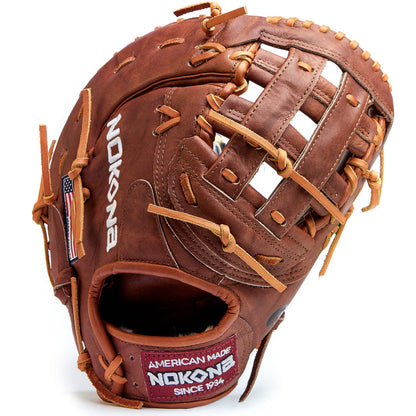 The Nokona Walnut Classic 13" First Base Mitt (W-N70) features brown Walnut Crunch leather, tan lacing, visible branding, an American flag patch, and a wrist patch reading "American Made Nokona Since 1934.