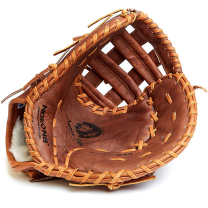 The Nokona Walnut Classic 13" First Base Mitt (W-N70) is a handcrafted brown glove made from Walnut Crunch leather, featuring tan laces and open display to showcase the pocket, webbing, padding, and Nokona branding on the palm.