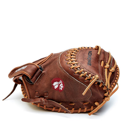 The Nokona Walnut 32.5" Fastpitch Catcher's Mitt (W-V3250) is a brown catcher's mitt with tan laces, visible logos, and stitching details, shown on a white background.