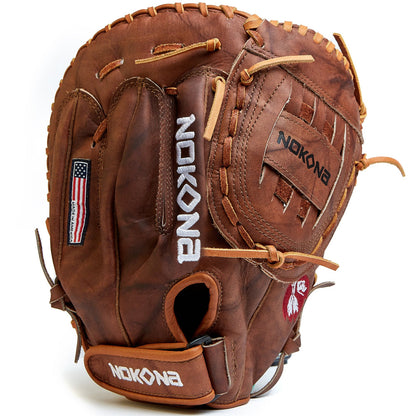 The Nokona Walnut Classic 14" Softball First Base Mitt: W-N80 features brown Walnut Crunch leather, visible stitching, the Nokona logo, an American flag patch, and a red buffalo emblem. The open mitt showcases its detailed pocket and laces.