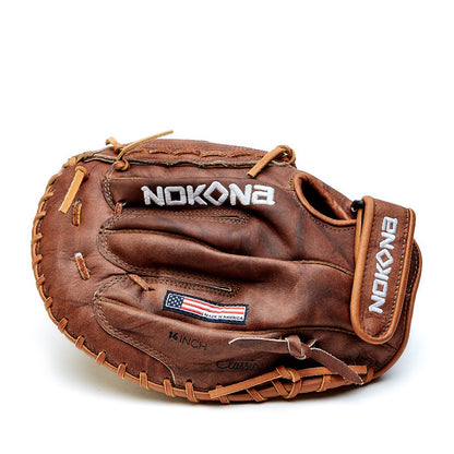 The Nokona Walnut Classic 14" Softball First Base Mitt (W-N80) is a handcrafted brown glove with white stitching, an American flag patch, the NOKONA brand, and "Made in USA," crafted from Walnut Crunch leather.