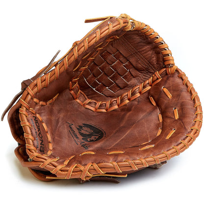 The Nokona Walnut Classic 14" Softball First Base Mitt: W-N80 features brown Walnut Crunch leather, tan laces, visible stitching, and a palm logo, highlighting the brand’s quality craftsmanship.