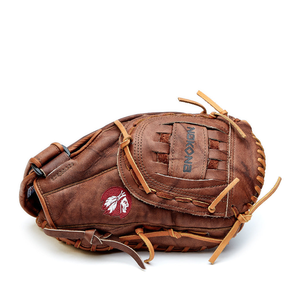 The Nokona Walnut Classic 14" Softball First Base Mitt: W-N80 is a brown leather glove with tan laces, featuring a red and white embroidered Native American logo and the Nokona brand name on the strap.