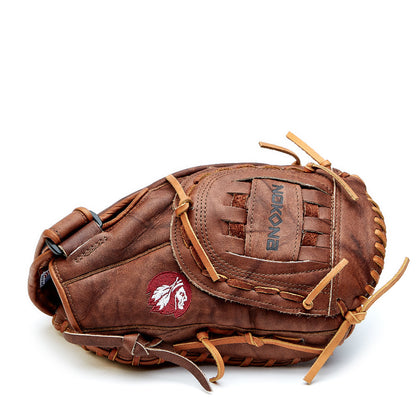 The Nokona Walnut Classic 14" Softball First Base Mitt: W-N80 is a brown leather glove with tan laces, featuring a red and white embroidered Native American logo and the Nokona brand name on the strap.