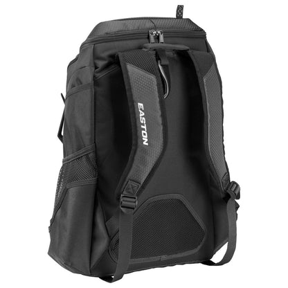 The Easton Walk Off NX Backpack (A159059) by Easton is a black athletic bag with mesh side pockets, padded shoulder straps, a top handle, and a streamlined design, shown from the back at an angle.