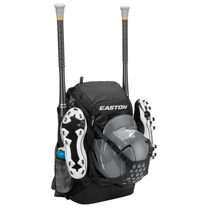 The Easton Walk Off NX Backpack (A159059) by Easton holds two bats, a helmet, and cleats. Its multiple compartments fit all your gear, while a blue water bottle easily fits in the side mesh pocket.