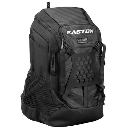 The Easton Walk Off NX Backpack (A159059) is a black Easton bag featuring mesh side pockets, a zippered front pocket, a honeycomb-patterned lower panel, and the Easton logo on the top front flap.