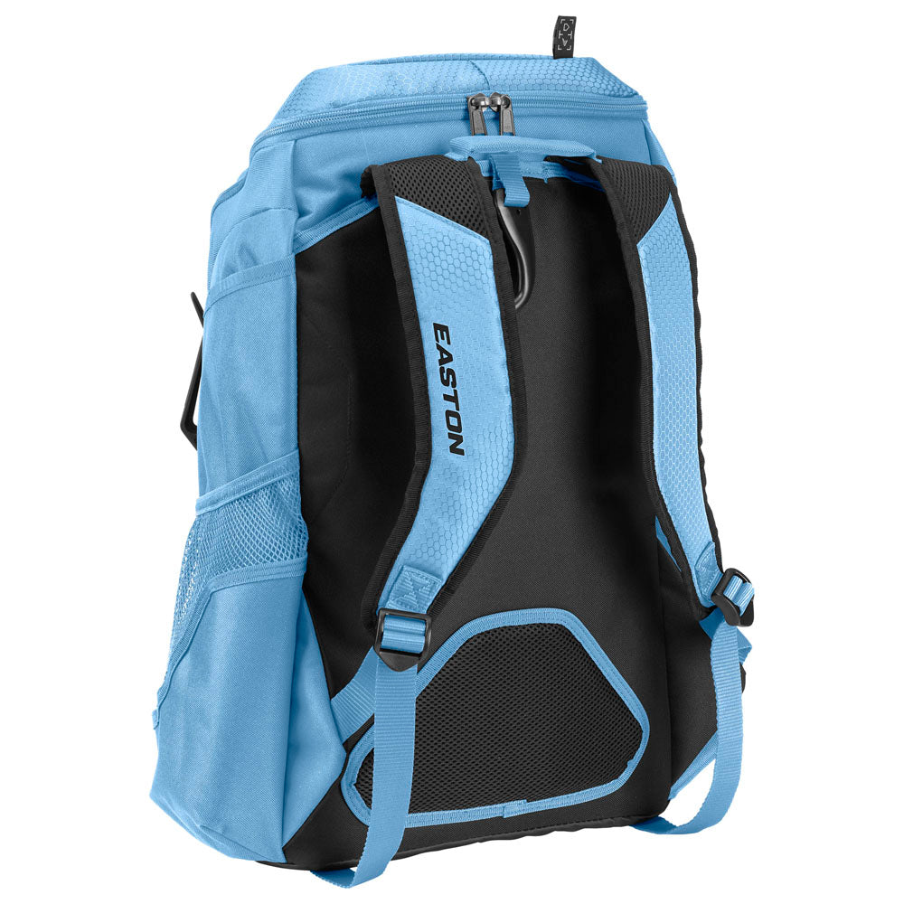 The Easton Walk Off NX Backpack (A159059) by Easton is a blue and black baseball backpack featuring mesh side pockets, padded EASTON-labeled shoulder straps, and multiple compartments, shown from the back at a slight angle.